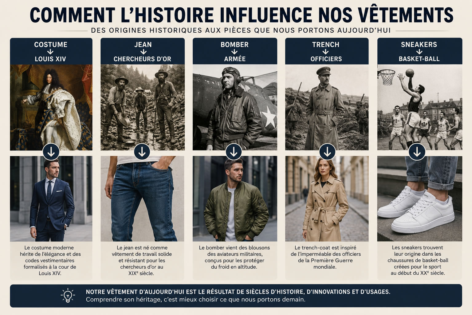 L’héritage de la mode : l’origine historique de nos vêtements d’aujourd’hui Infographie comparant des vêtements modernes à leurs origines historiques : le costume hérité de Louis XIV, le jean des chercheurs d'or, le bomber de l'armée, le trench des officiers et les sneakers du basket-ball.