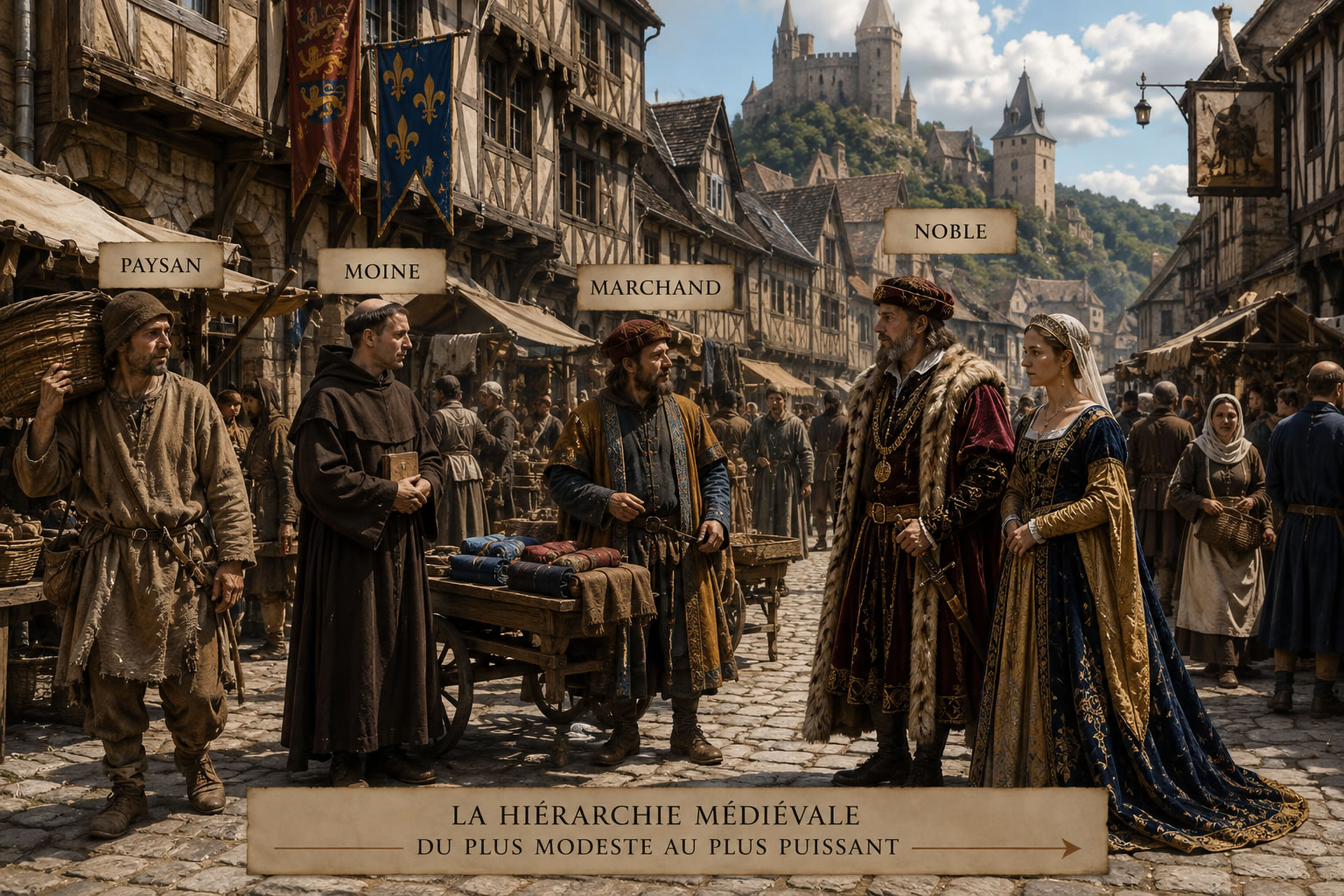 La hiérarchie sociale au Moyen Âge à travers les vêtements Rue médiévale animée montrant un paysan, un moine, un marchand et un noble portant leurs vêtements caractéristiques, illustrant la hiérarchie sociale du Moyen Âge.