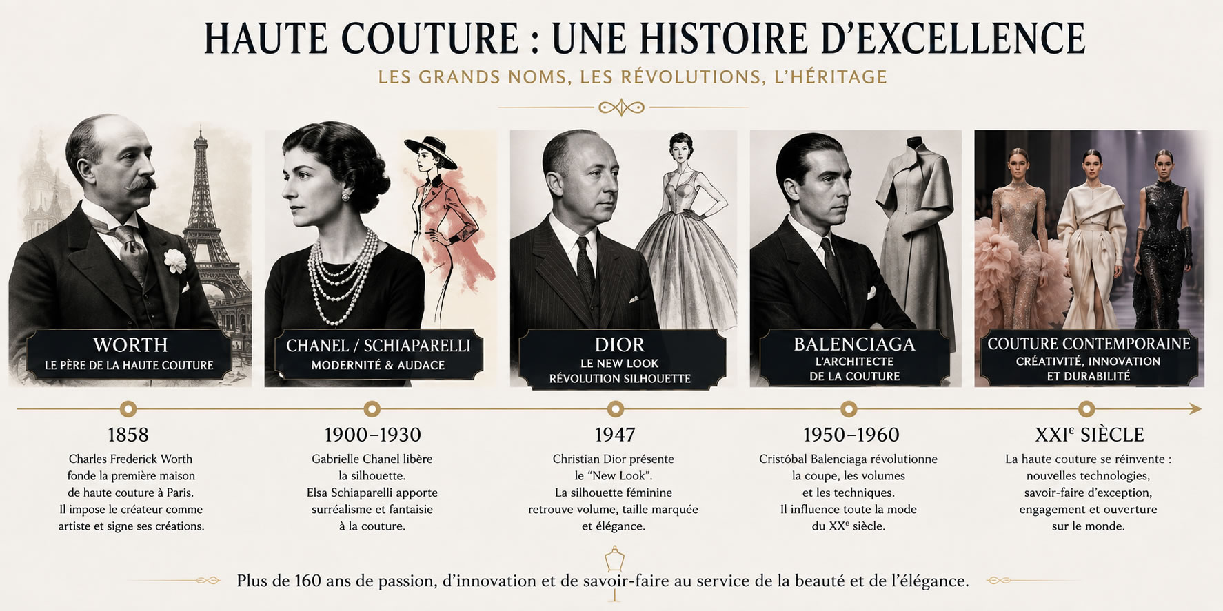 Frise chronologique de l’histoire de la haute couture, de Charles Frederick Worth à Chanel, Schiaparelli, Dior, Balenciaga et la couture contemporaine