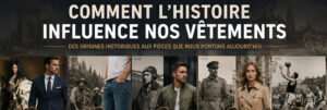 Illustration montrant l'évolution de la mode à travers les siècles, de la Préhistoire à l'intelligence artificielle, avec des personnages emblématiques représentant chaque grande époque de l'histoire du vêtement.