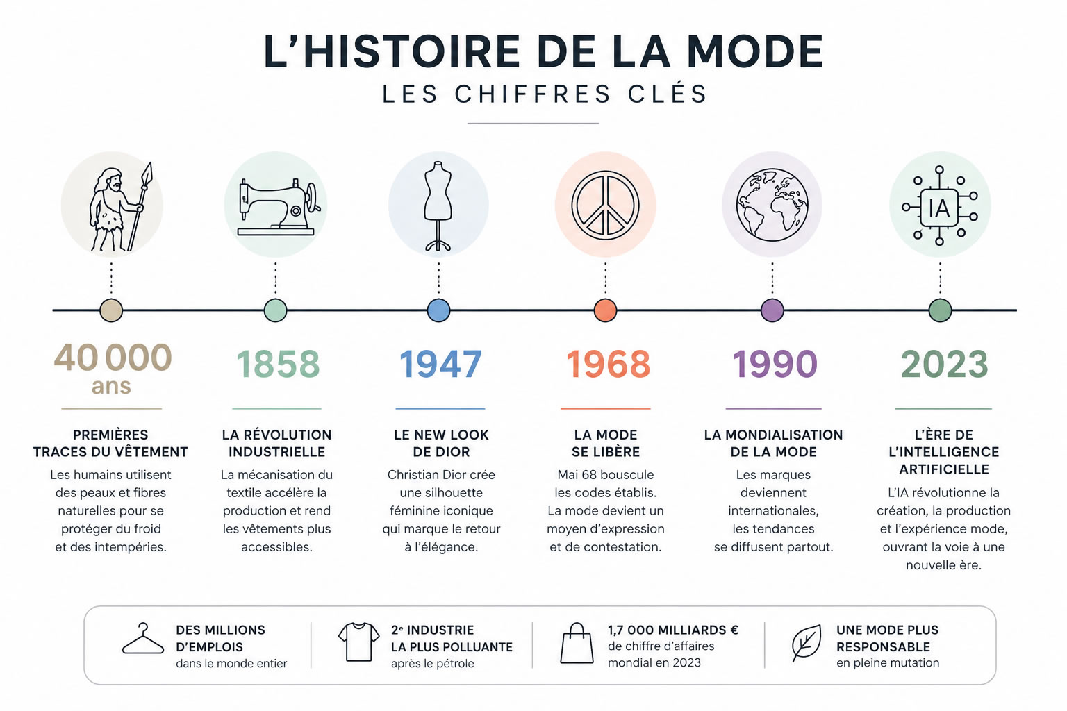 Les chiffres clés de l’histoire de la mode en une infographie Infographie chronologique présentant les grandes étapes de l’histoire de la mode : premiers vêtements préhistoriques il y a environ 40 000 ans, révolution industrielle au XIXᵉ siècle, naissance de la Haute Couture en 1858, New Look de Christian Dior en 1947, révolution culturelle de Mai 68, mondialisation des années 1990 et essor de l’intelligence artificielle depuis 2023.