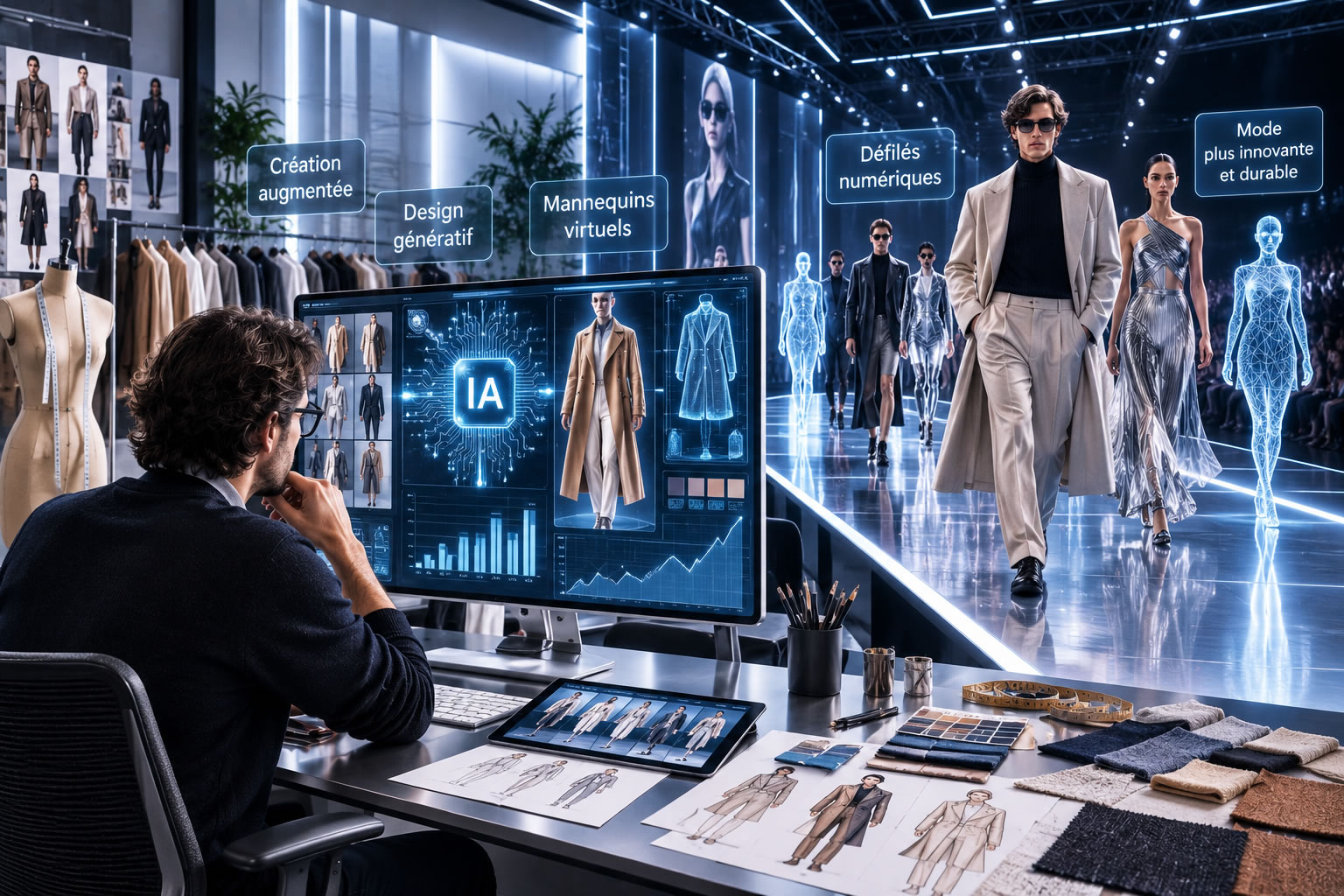 L’intelligence artificielle révolutionne la mode et la création vestimentaire Styliste travaillant sur un ordinateur assisté par une intelligence artificielle tandis qu'un mannequin virtuel défile sur un podium numérique futuriste, illustrant l'avenir de la mode.