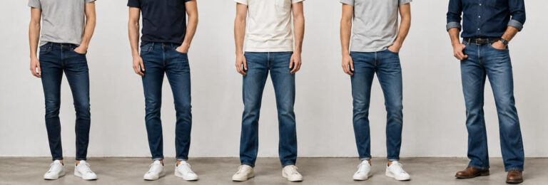 Comparatif de cinq coupes de jeans homme : Skinny, Slim, Straight, Tapered et Bootcut