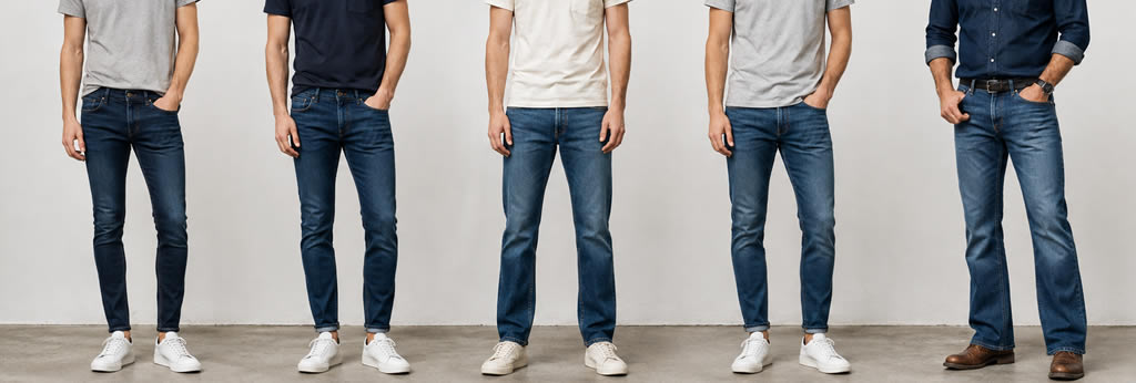 Comparatif de cinq coupes de jeans homme : Skinny, Slim, Straight, Tapered et Bootcut