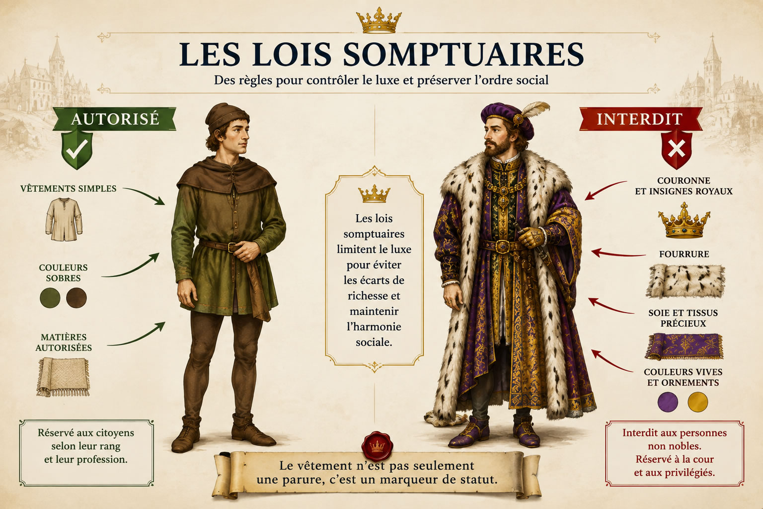Les lois somptuaires au Moyen Âge : quand les vêtements étaient réglementés Infographie illustrant les lois somptuaires avec deux personnages : l’un portant des vêtements autorisés et sobres, l’autre vêtu d’une couronne, de fourrure et de soie représentant les éléments réservés à la noblesse.
