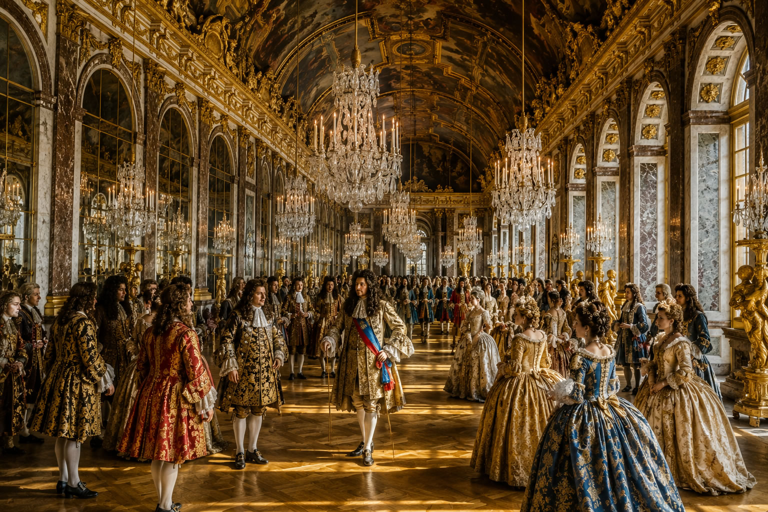 Louis XIV et Versailles : l’apogée du luxe à la cour du Roi-Soleil Vue grand angle de la Galerie des Glaces du château de Versailles avec Louis XIV entouré de nombreux courtisans vêtus de costumes luxueux, illustrant le faste de la cour royale.