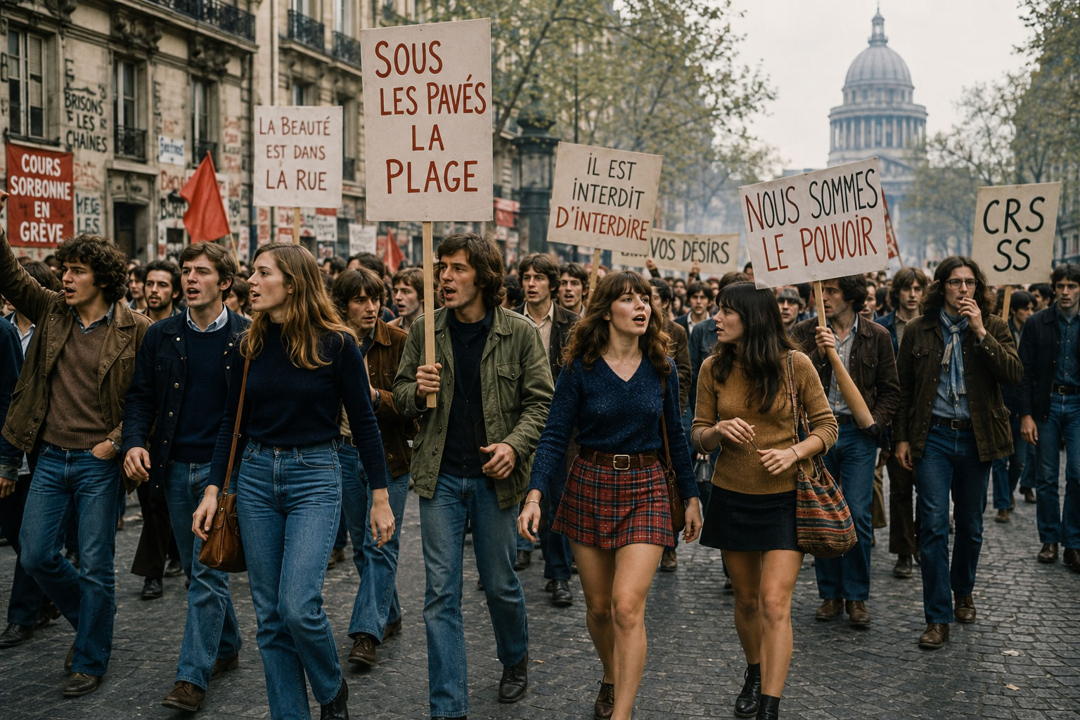 Mai 68 : la révolution vestimentaire des jeunes en France Manifestation de Mai 68 à Paris réunissant des jeunes en jeans, cheveux longs et mini-jupes, portant des affiches de protestation dans les rues de la capitale.