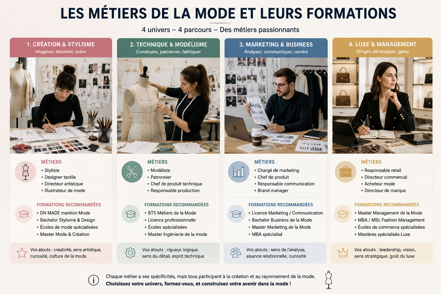 Infographie comparant quatre métiers de la mode et leurs formations : création et stylisme, technique et modélisme, marketing et business, luxe et management.