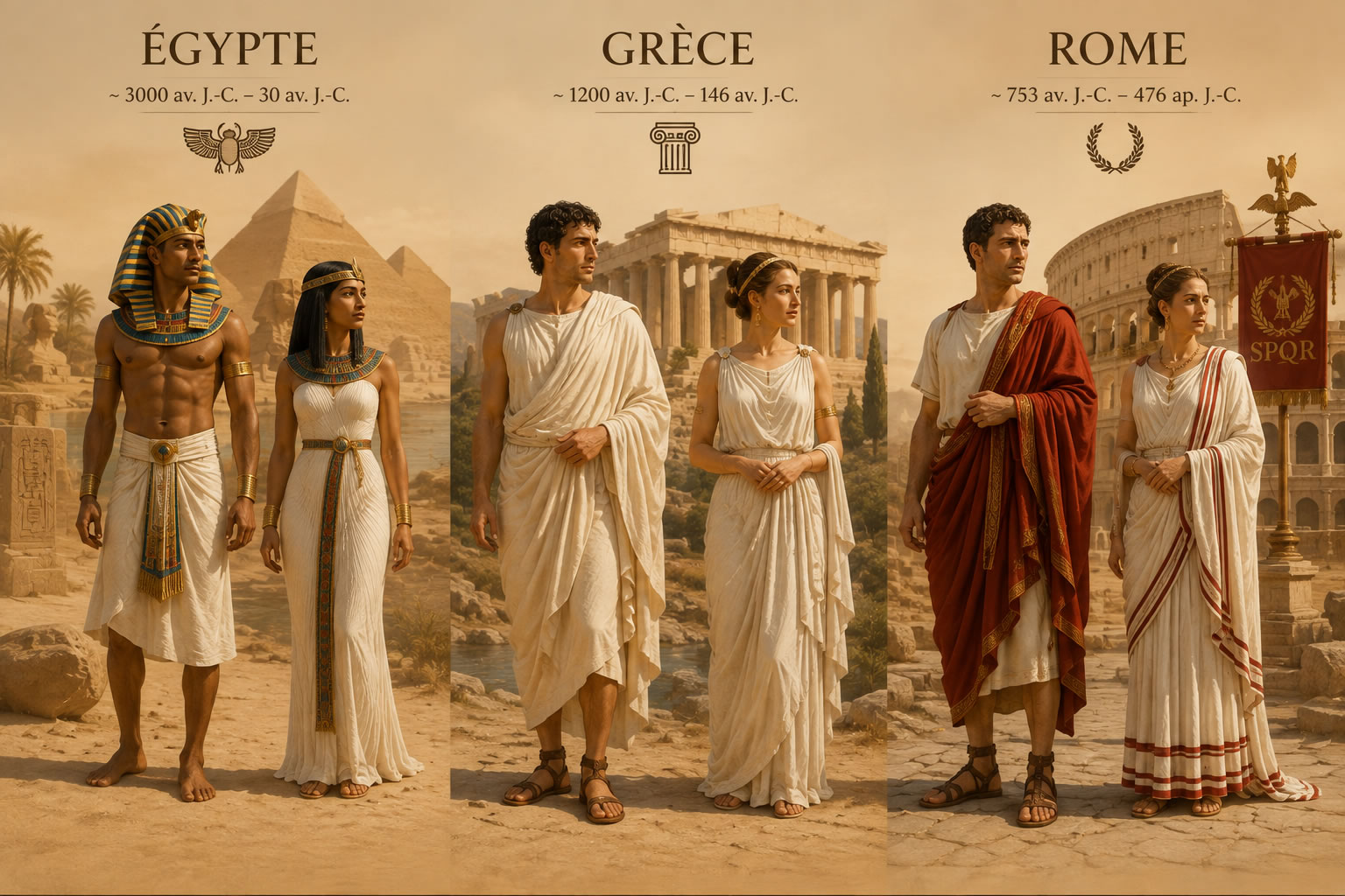 L’Antiquité et la mode : Égypte, Grèce et Rome Montage illustrant les trois grandes civilisations de l’Antiquité : un Égyptien, un Grec et un Romain portant leurs vêtements traditionnels devant des décors de pyramides, de temples grecs et du Colisée, sur un fond aux tons sable.