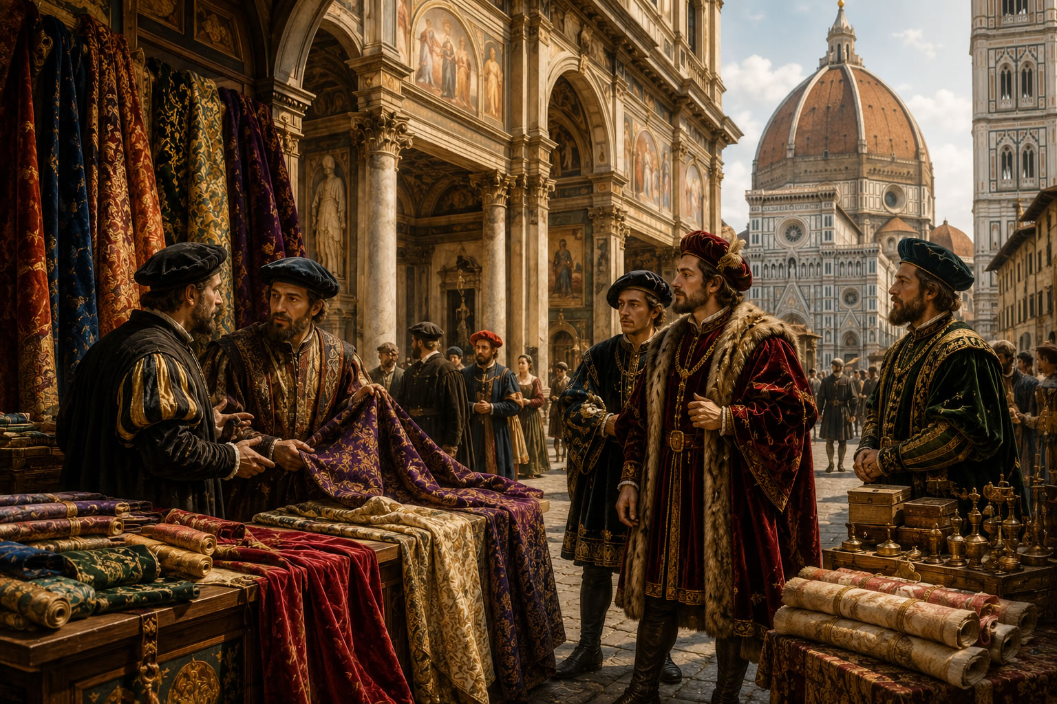 La mode à la Renaissance : Florence, le luxe et le commerce des étoffes Scène de la Renaissance dans un palais italien à Florence où des marchands présentent des étoffes de velours et de soie à une clientèle aisée, illustrant l'essor du commerce textile.