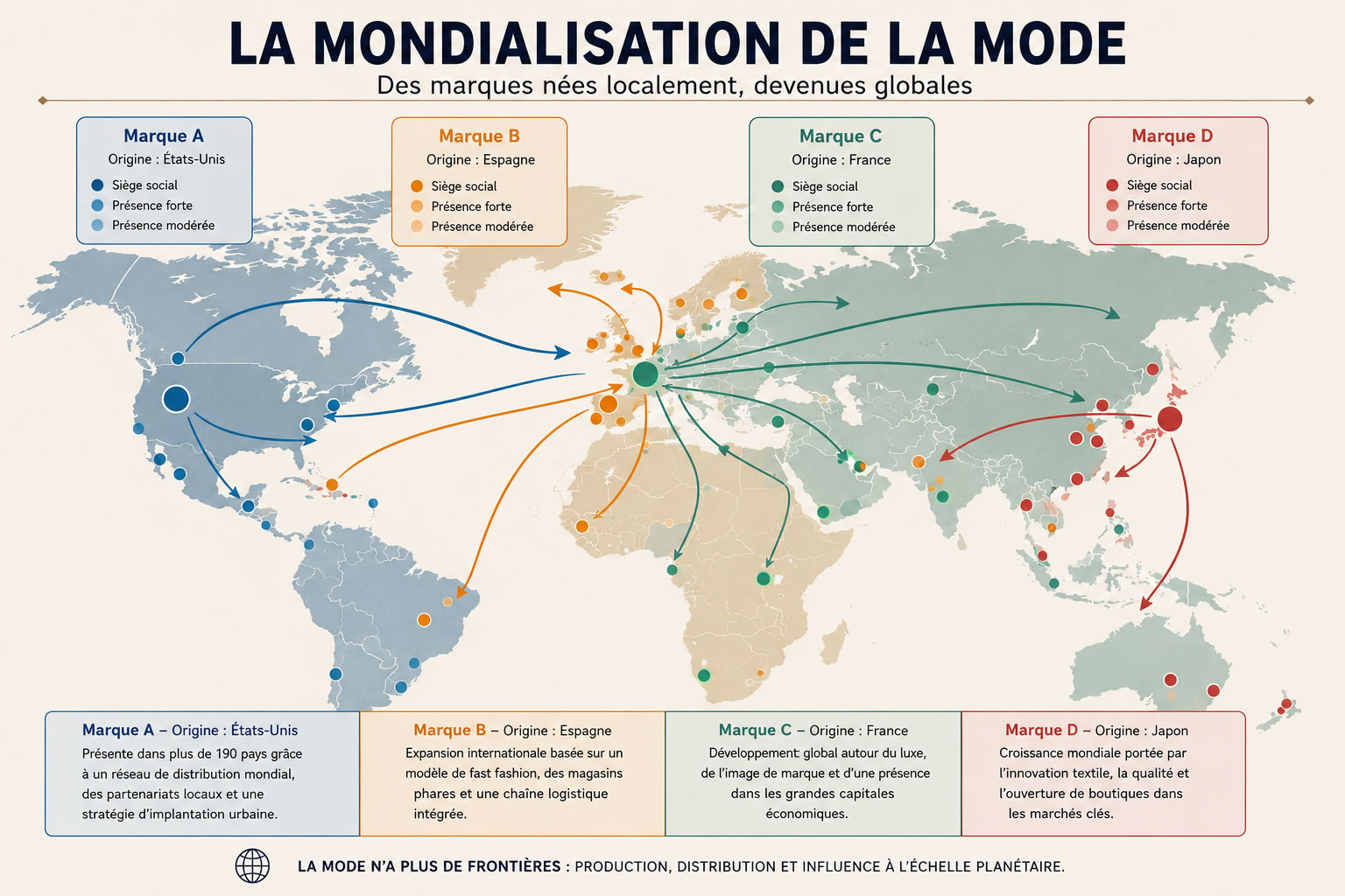 La mondialisation de la mode : comment les grandes marques ont conquis le monde Carte du monde illustrant la mondialisation de la mode avec les principales zones d'implantation des grandes marques internationales comme Nike, Zara, Louis Vuitton et Uniqlo, reliées par des flux commerciaux sans affichage de logos.