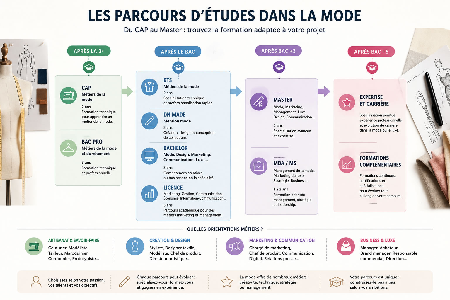 Infographie des parcours de formation dans la mode après la 3e et le bac, du CAP et bac professionnel au BTS, DN MADE, Bachelor, Licence, Master et MBA.