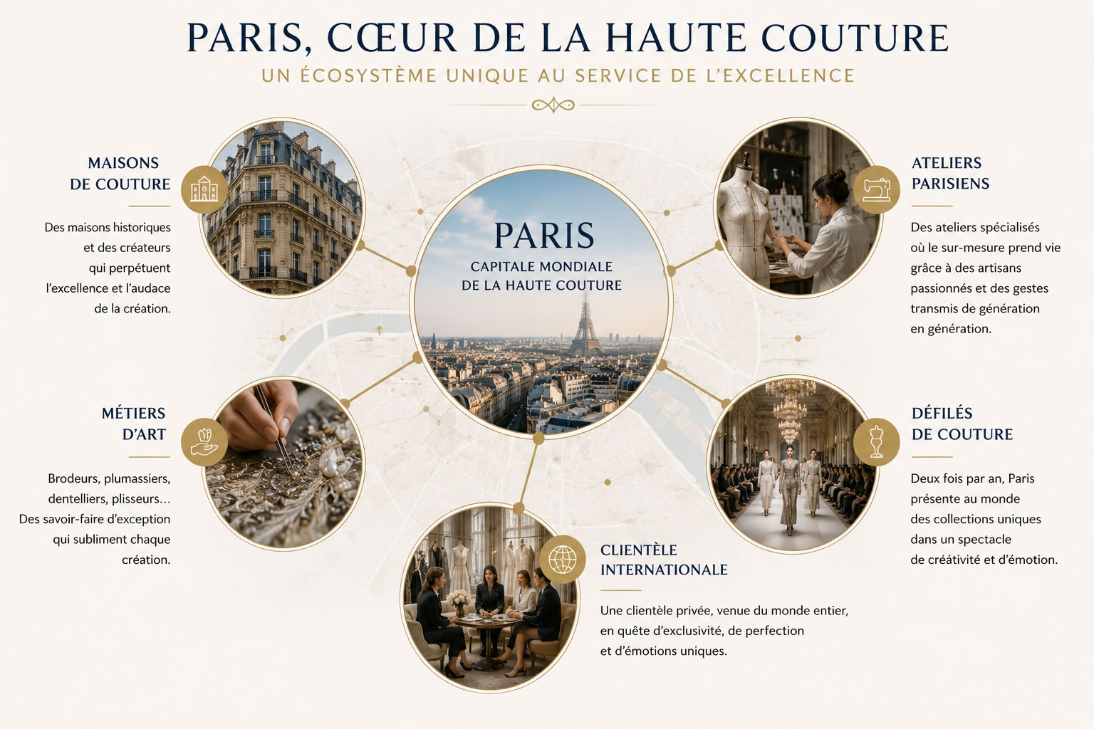 Infographie de l’écosystème de la haute couture à Paris reliant maisons de couture, ateliers parisiens, métiers d’art, défilés et clientèle internationale