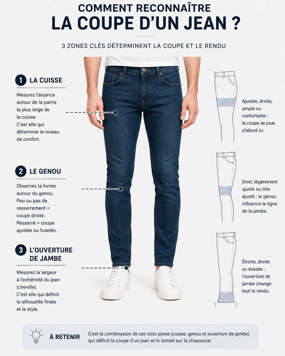 Schéma montrant comment reconnaître la coupe d’un jean homme selon la largeur à la cuisse, au genou et à l’ouverture de jambe