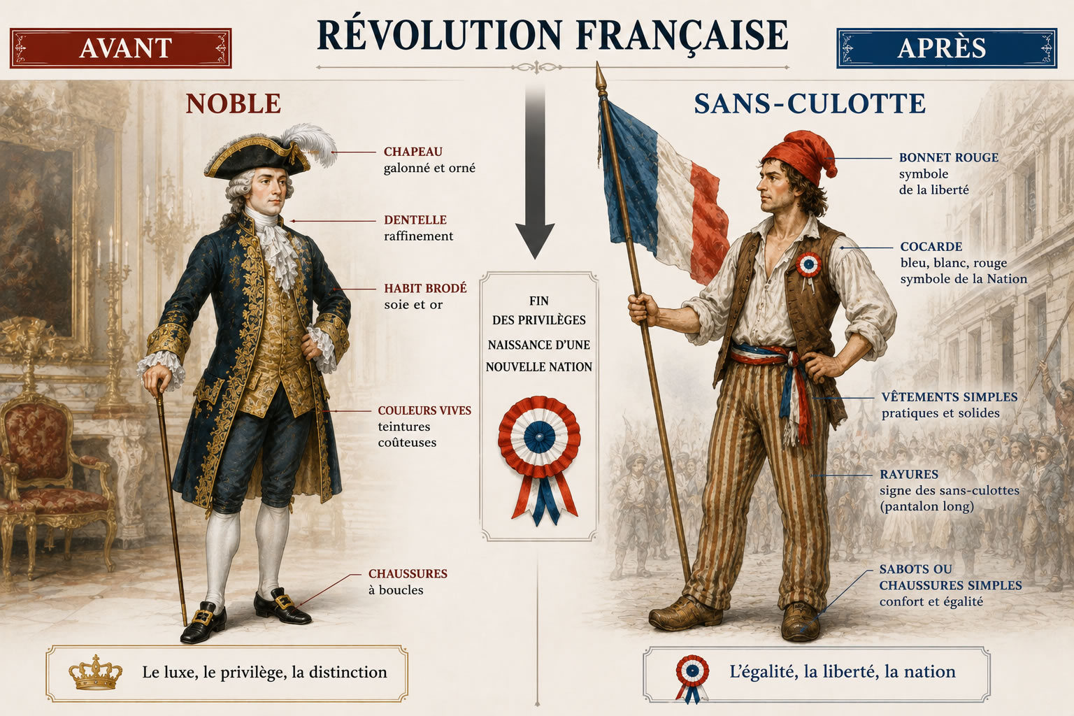 Révolution française : comment les vêtements ont changé après 1789 Infographie comparant les vêtements avant et après la Révolution française avec un noble en habit luxueux et un sans-culotte portant une cocarde tricolore, illustrant la transformation des codes vestimentaires.