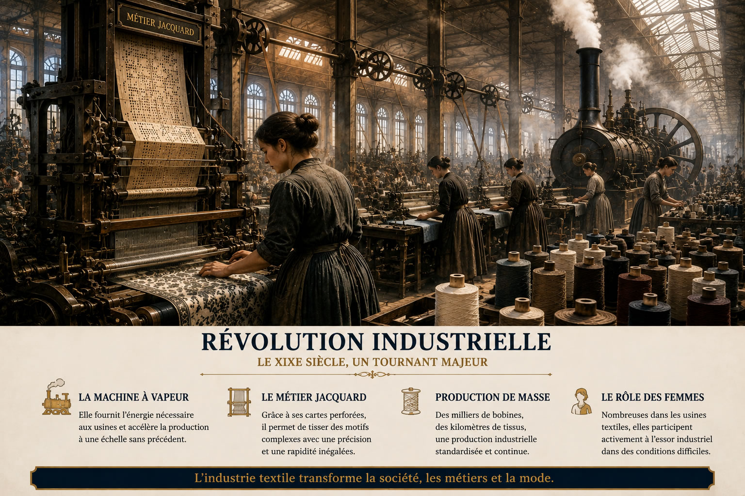 Révolution industrielle : l’usine textile qui a transformé la mode Immense usine textile de la Révolution industrielle avec un métier Jacquard, une machine à vapeur, des ouvrières, des bobines de fil et une lumière dramatique illustrant la mécanisation de l'industrie du vêtement.