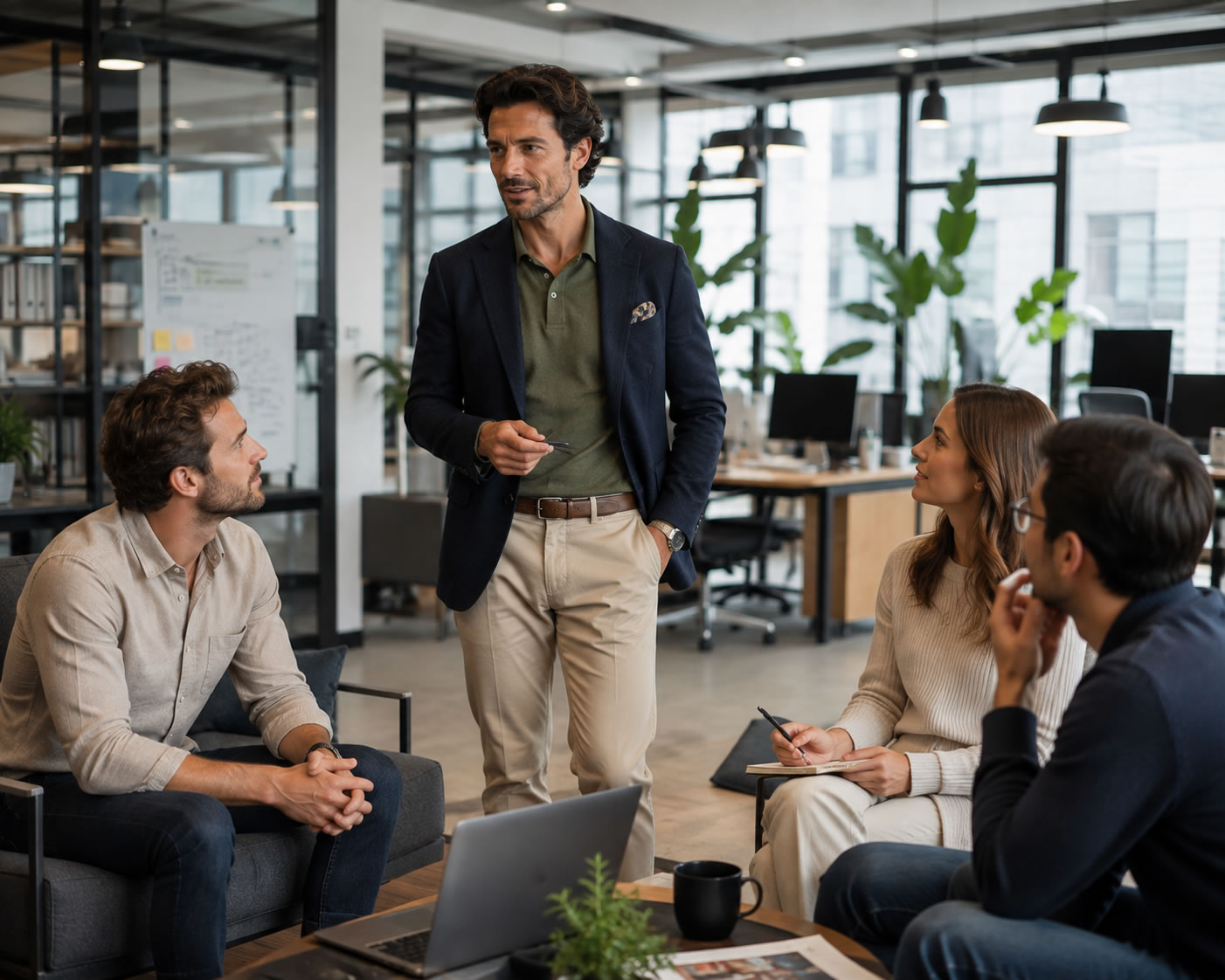 Homme au style business casual animant une réunion dans un open space moderne, portant un blazer bleu marine, un polo vert olive, un chino beige et des chaussures en cuir marron.