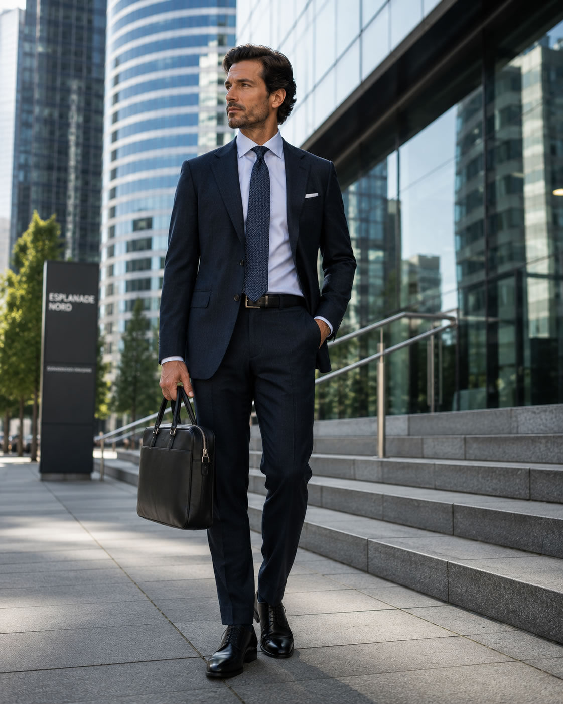 Homme au style business devant une tour de bureaux moderne, portant un costume bleu nuit, une chemise bleu clair, une cravate texturée et une serviette en cuir noir.