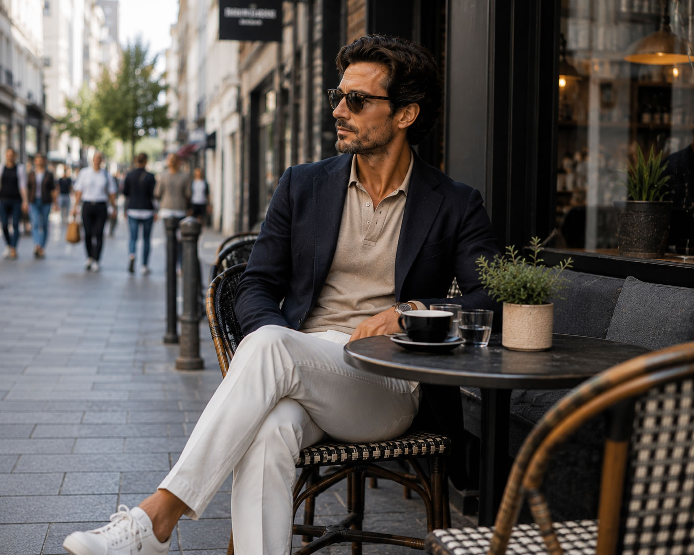 Homme au style casual chic installé à la terrasse d'un café branché en rue commerçante, portant un blazer bleu marine, un polo beige, un pantalon blanc et des baskets en cuir blanches.