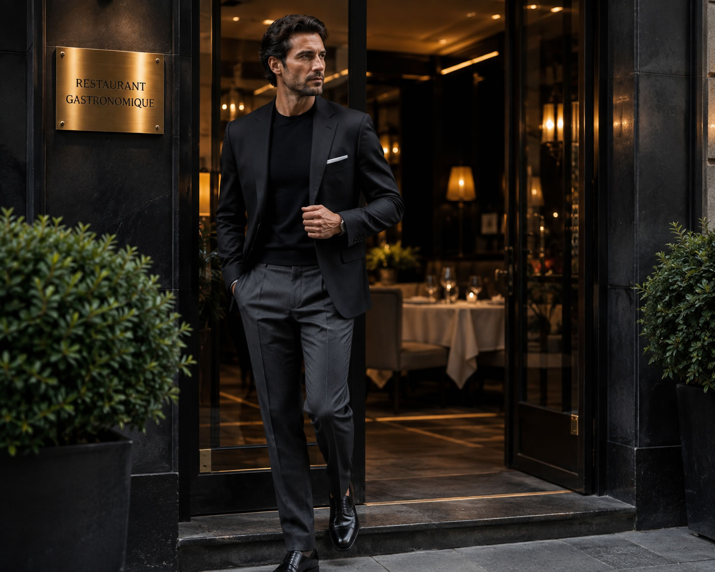 Homme au style chic entrant dans un restaurant gastronomique en centre-ville, portant un blazer noir, un pull fin noir, un pantalon gris habillé et des mocassins en cuir.
