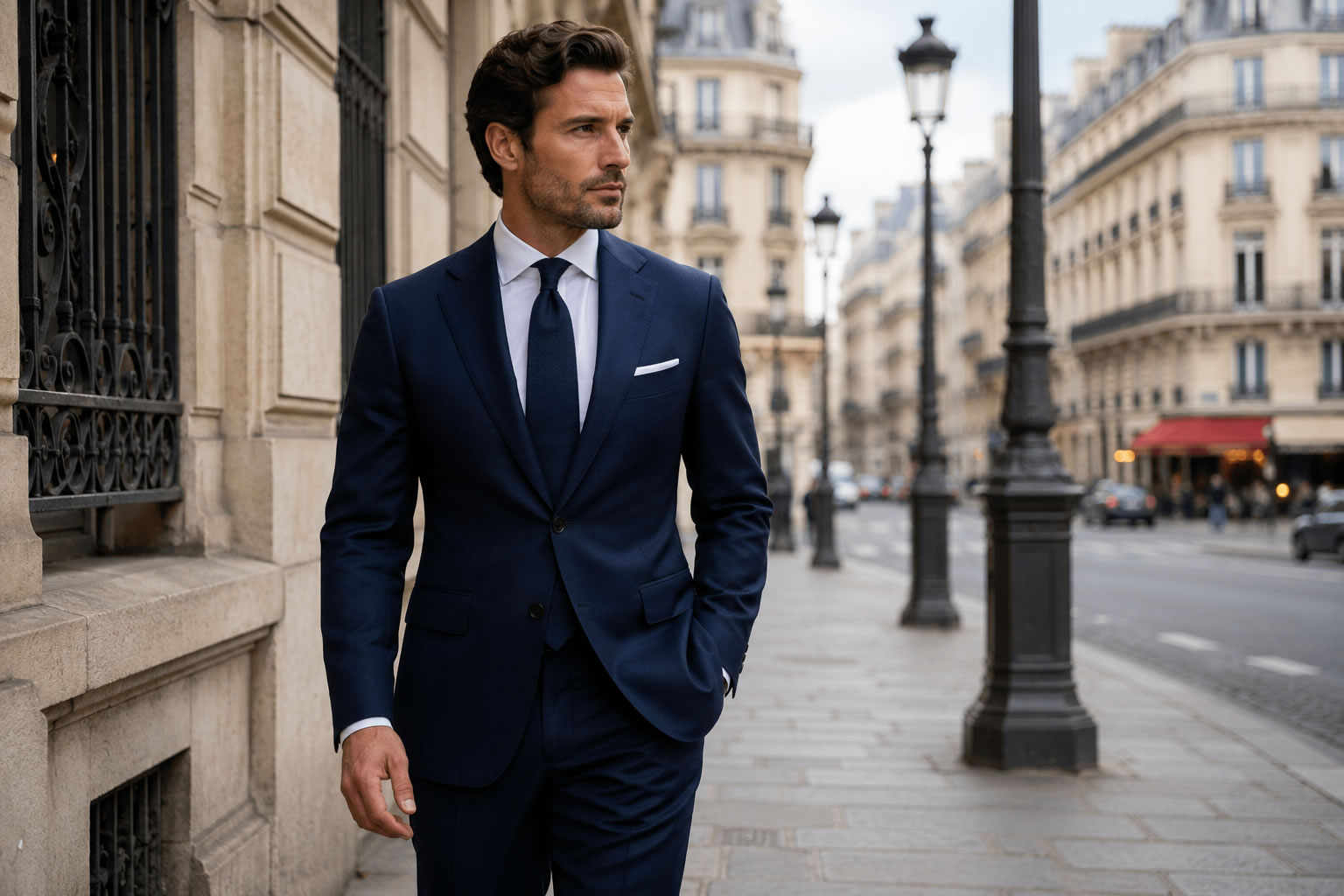 Homme portant un costume bleu marine parfaitement ajusté dans une rue haussmannienne à Paris, illustrant le style classique masculin et l'élégance intemporelle.