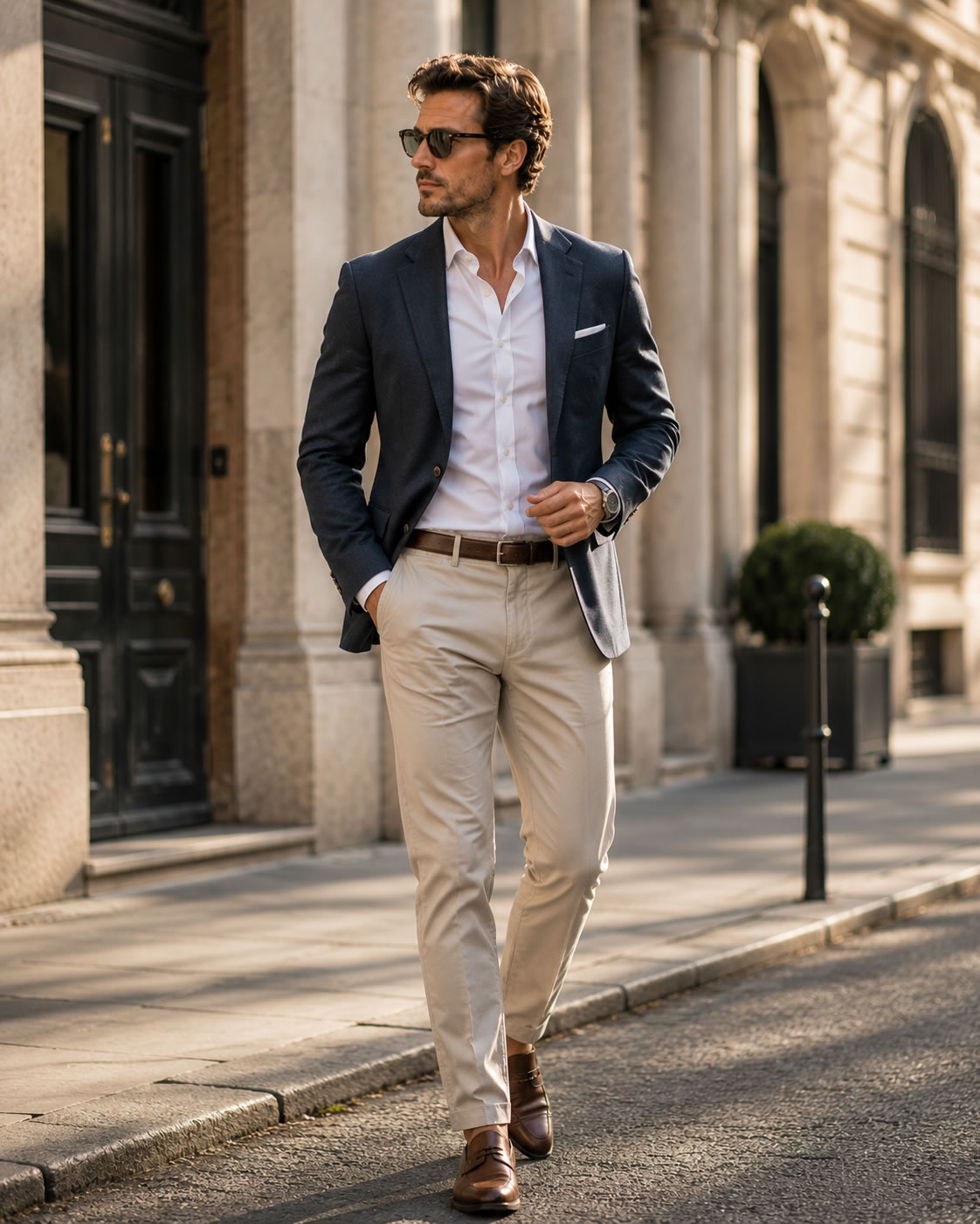 Homme au style classique moderne marchant dans une rue élégante, portant un blazer bleu marine, une chemise blanche ouverte, un pantalon beige, des richelieus en cuir marron et des lunettes de soleil.