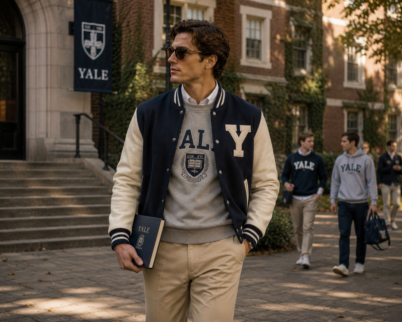 Homme au style collegiate marchant sur un campus universitaire, portant une veste varsity bleu marine et écrue, un sweat gris, un pantalon chino beige et des lunettes de soleil.