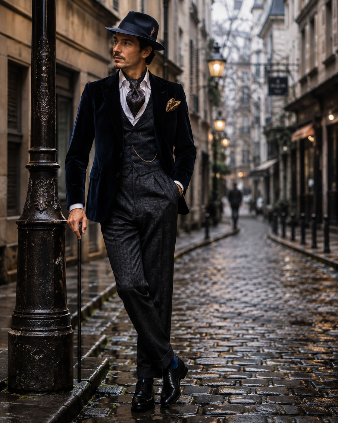 Homme au style dandy portant un chapeau fedora, une veste en velours bleu marine, un gilet, un foulard noué et une pochette de costume dans une rue pavée ancienne.
