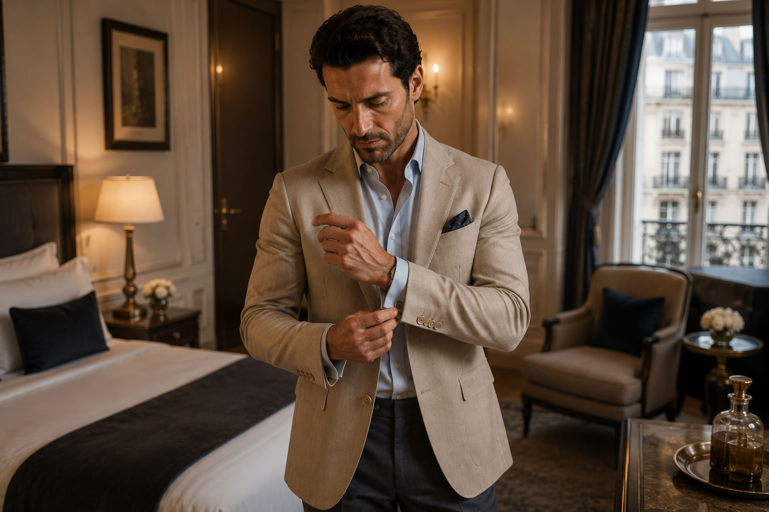 Homme élégant ajustant ses boutons de manchette dans la suite d'un hôtel 5 étoiles, portant un blazer beige, une chemise bleu clair et un pantalon habillé, symbole du raffinement masculin.