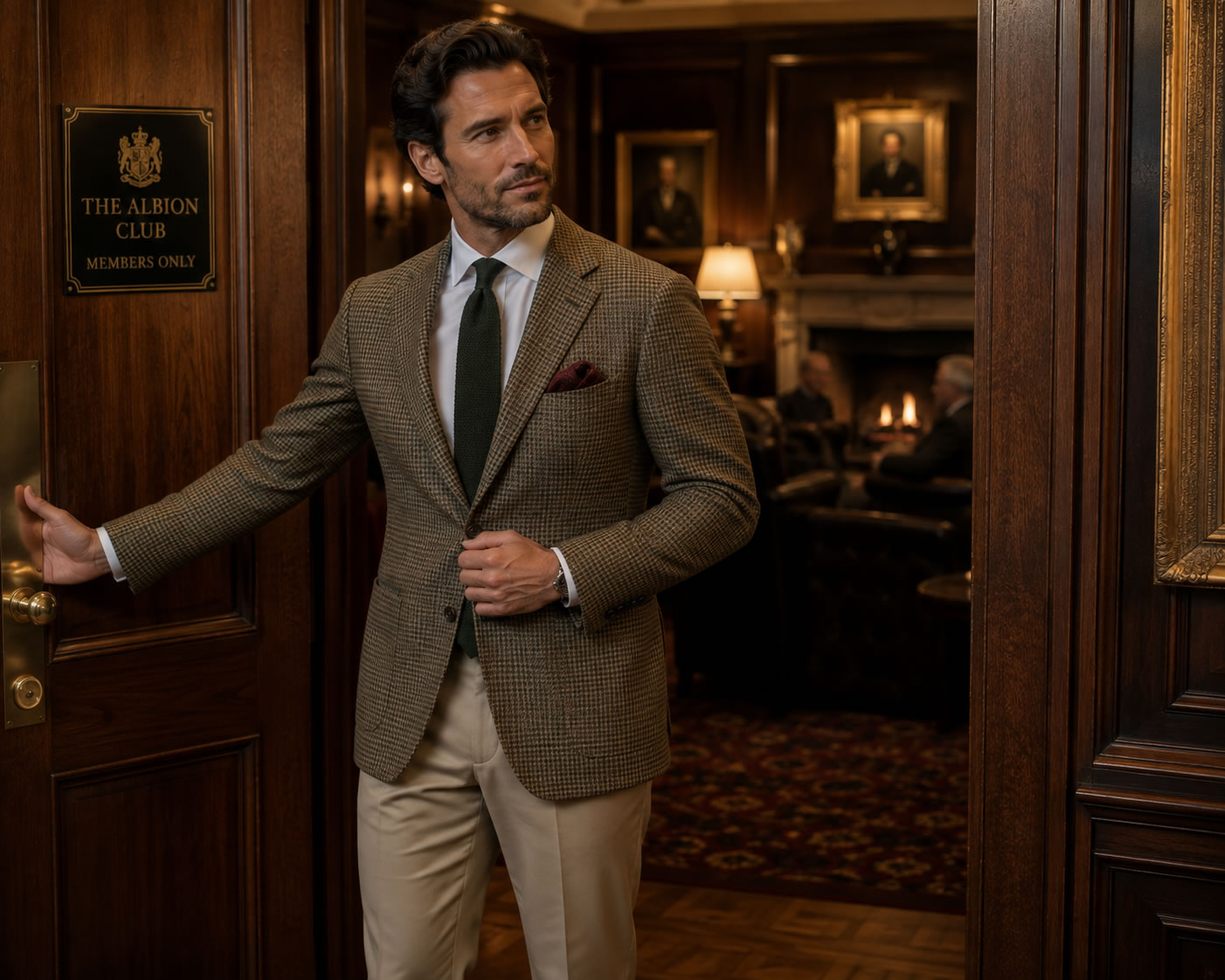 Homme au style gentleman tenant la porte d'un club privé anglais, portant un blazer à carreaux marron, une chemise blanche, une cravate verte, un pantalon beige et une pochette de costume.