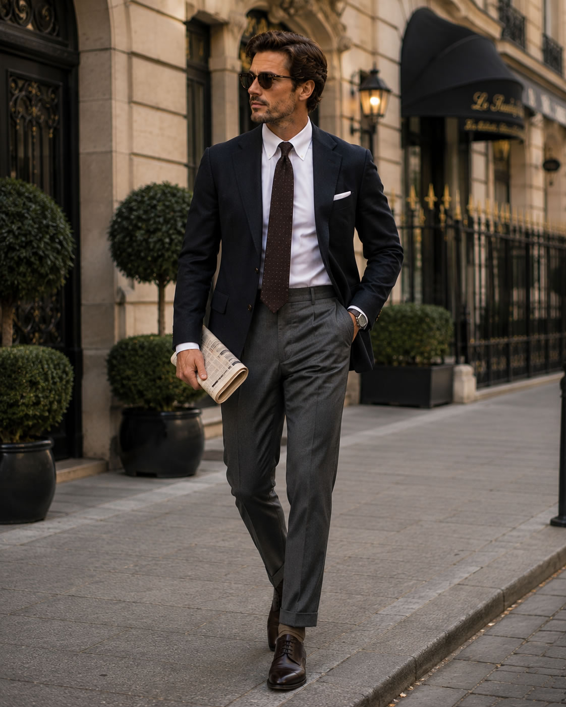 Homme au style gentleman moderne marchant dans une rue élégante, portant un blazer bleu marine, une chemise blanche, une cravate marron, un pantalon gris à pinces, des richelieus en cuir et tenant un journal.