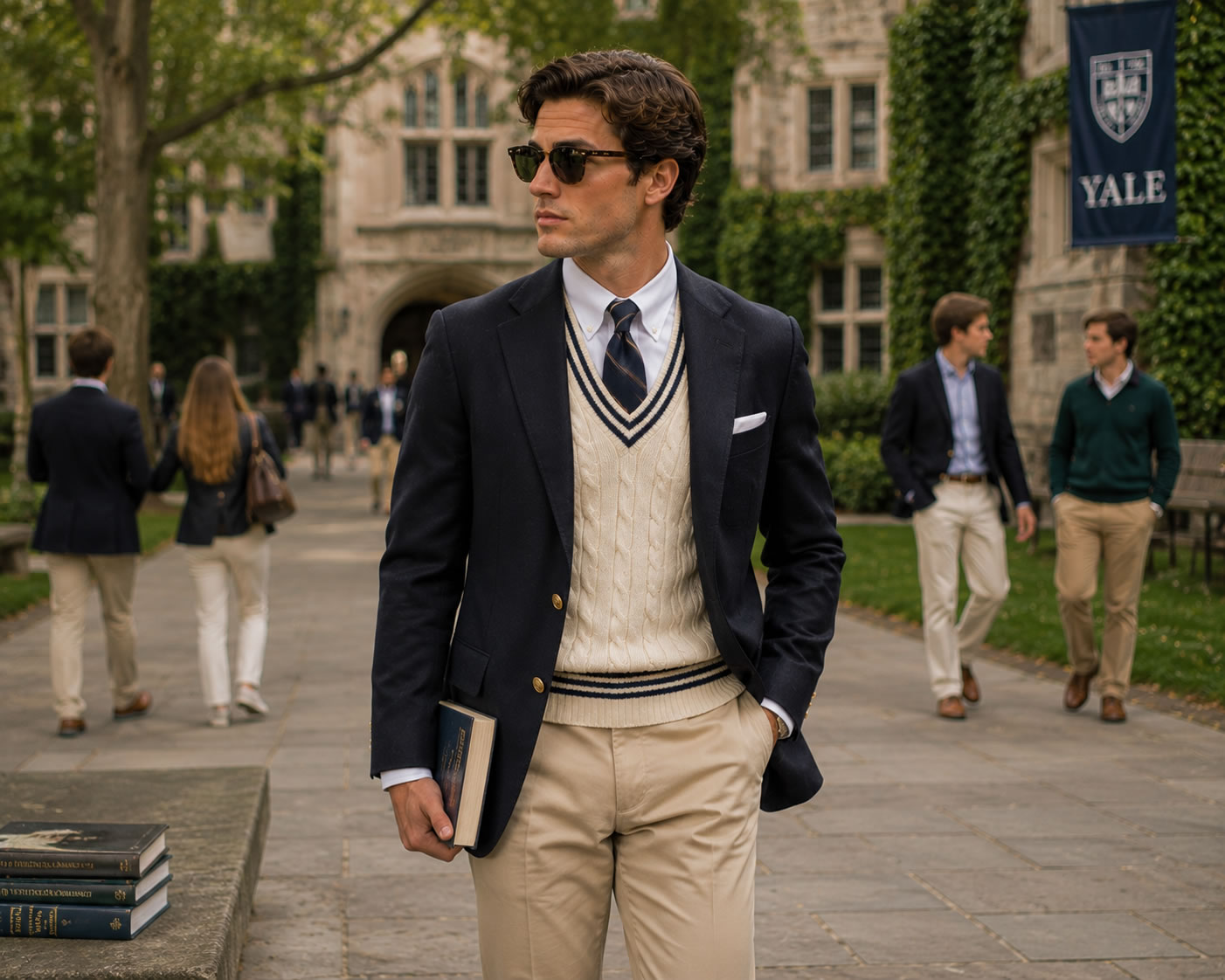 Homme au style Ivy League marchant sur un campus universitaire, portant un blazer bleu marine à boutons dorés, une cravate club, un pull torsadé écru, un pantalon chino beige et des lunettes de soleil.