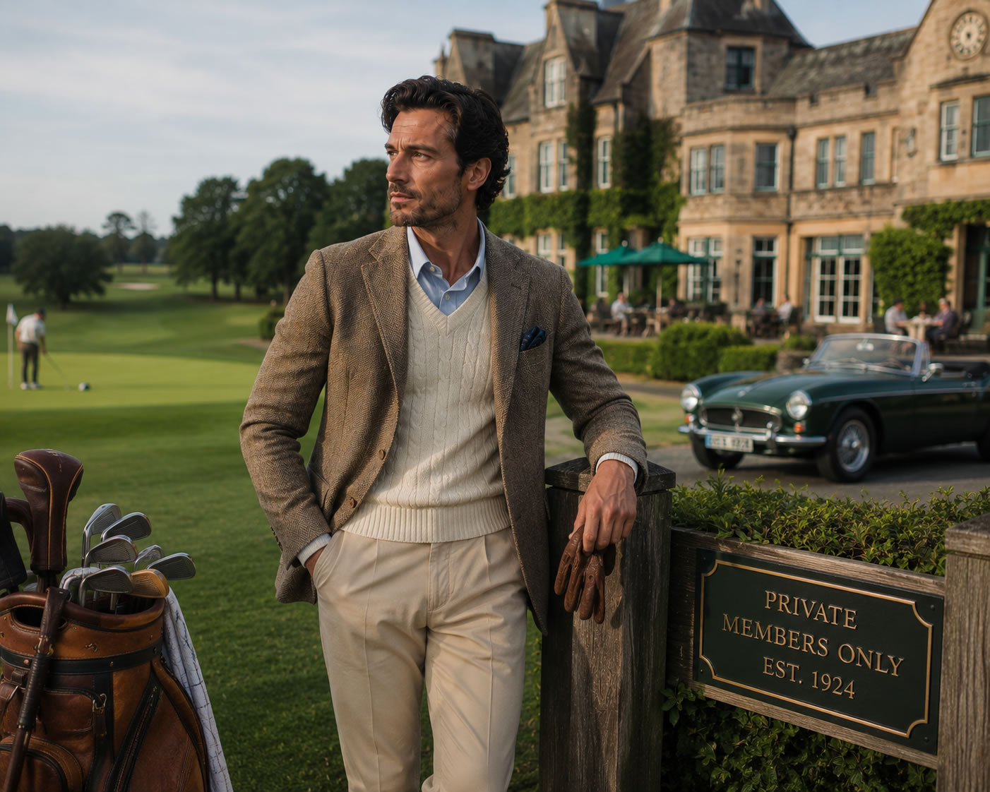 Homme au style old money dans un club de golf privé, portant un blazer en tweed marron, un pull torsadé écru, une chemise bleu ciel et un pantalon beige devant un domaine de prestige.