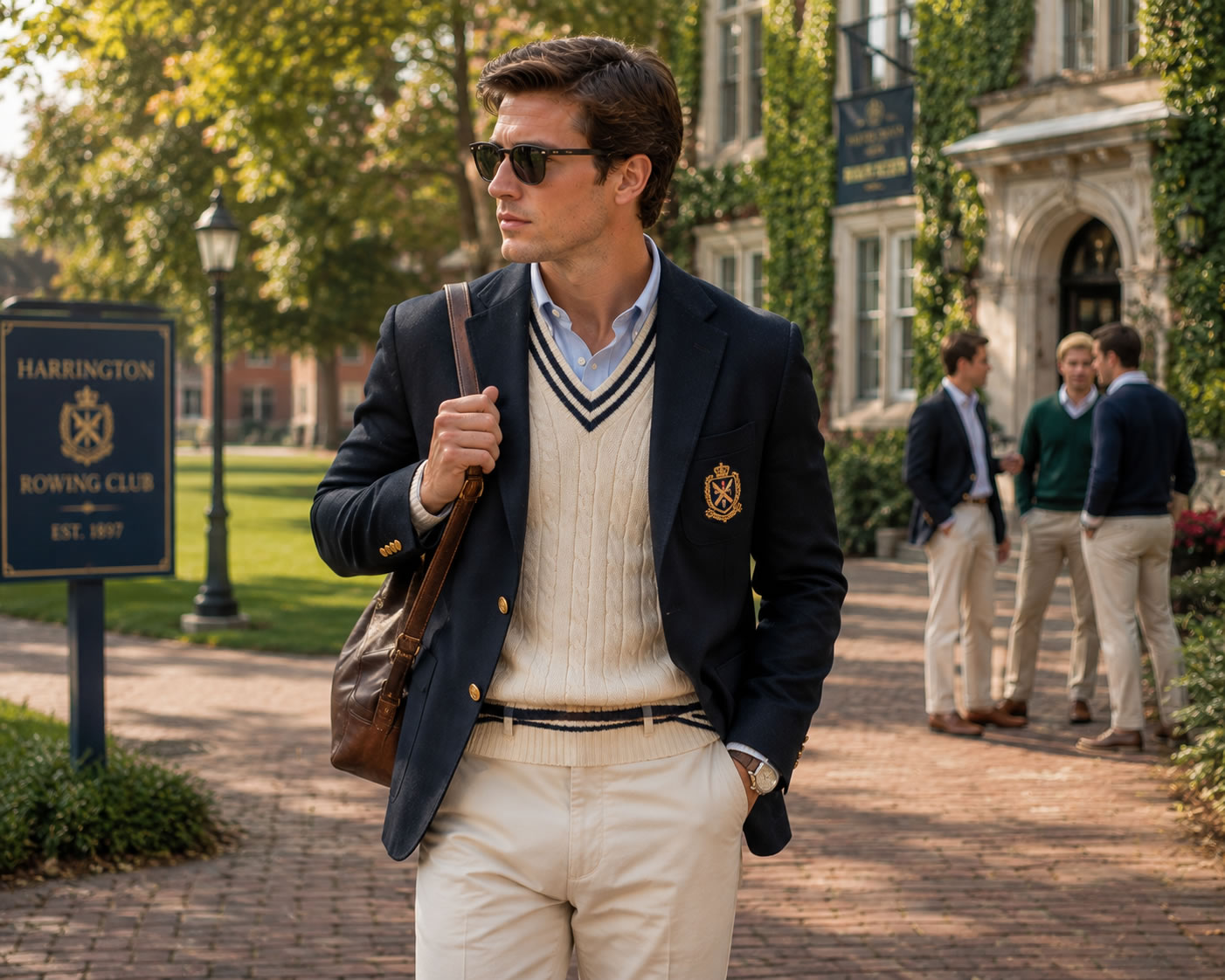 Homme au style preppy marchant sur un campus universitaire, portant un blazer bleu marine à écusson, un pull sans manches torsadé, une chemise bleu clair, un pantalon chino beige et un sac en cuir.