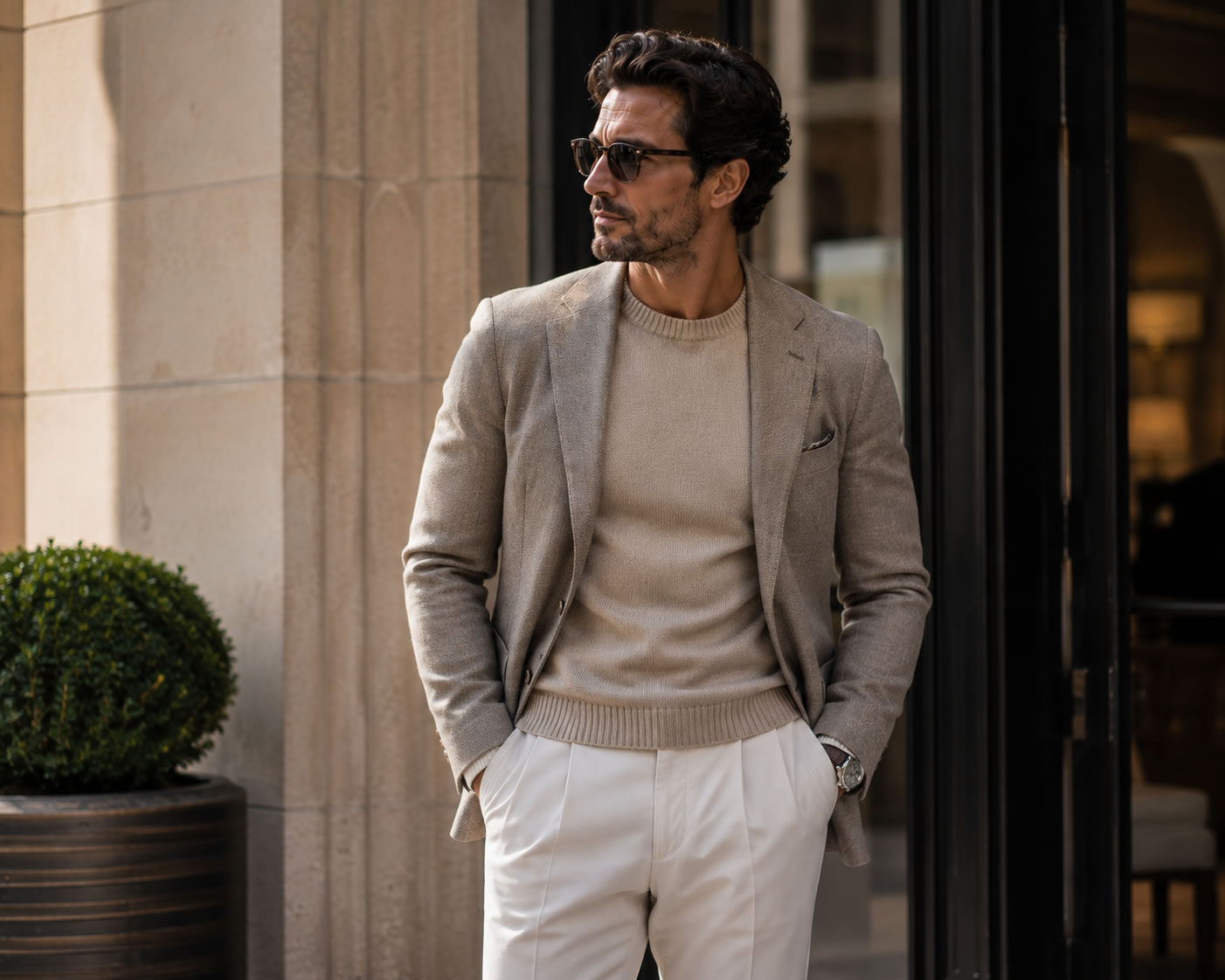 Homme au style quiet luxury portant un blazer taupe, un pull en cachemire beige et un pantalon blanc dans un environnement haut de gamme, illustrant le luxe discret.