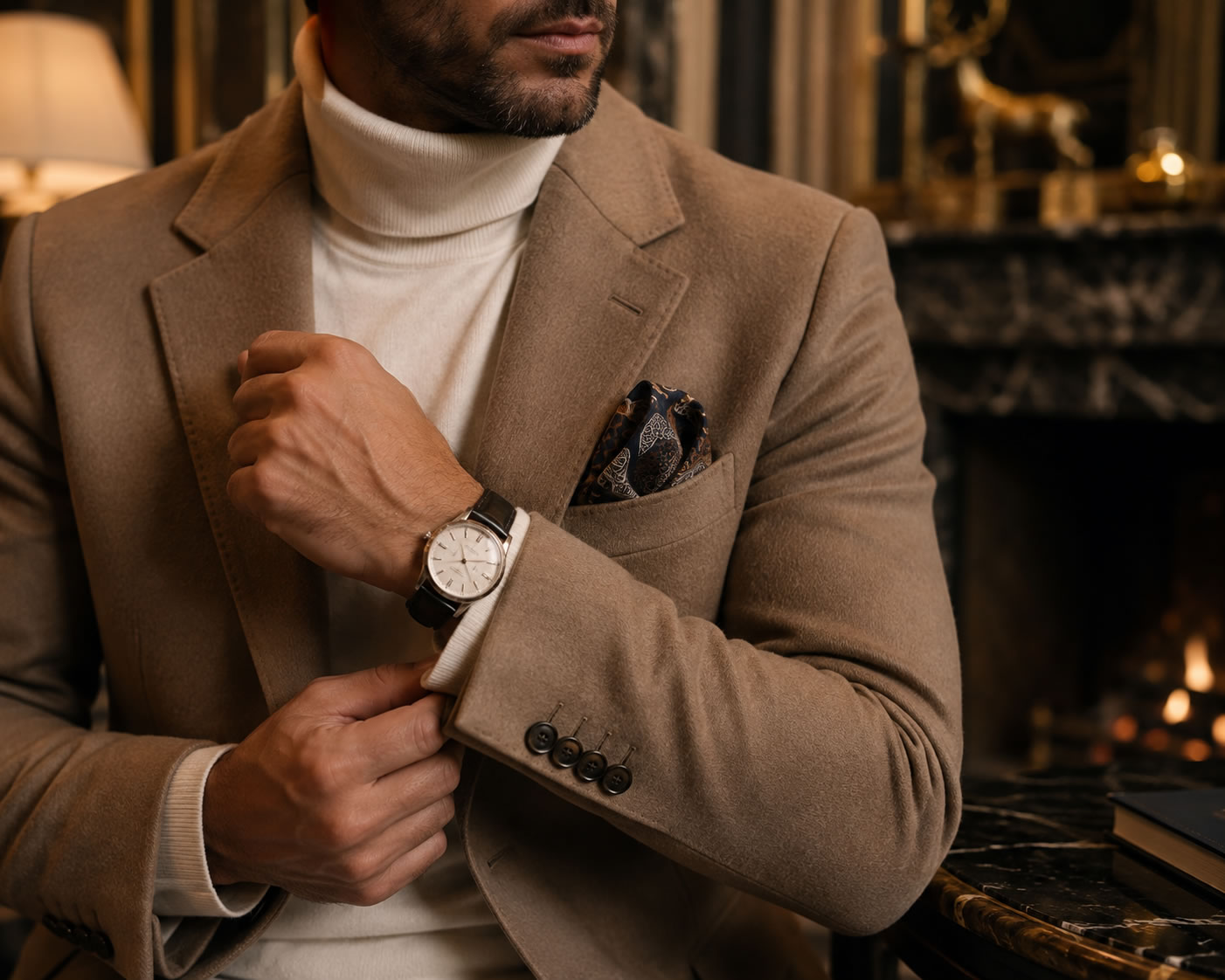 Gros plan sur un homme au style raffiné portant un blazer camel en laine, un col roulé écru, une montre à bracelet en cuir et une pochette de costume dans un intérieur luxueux.