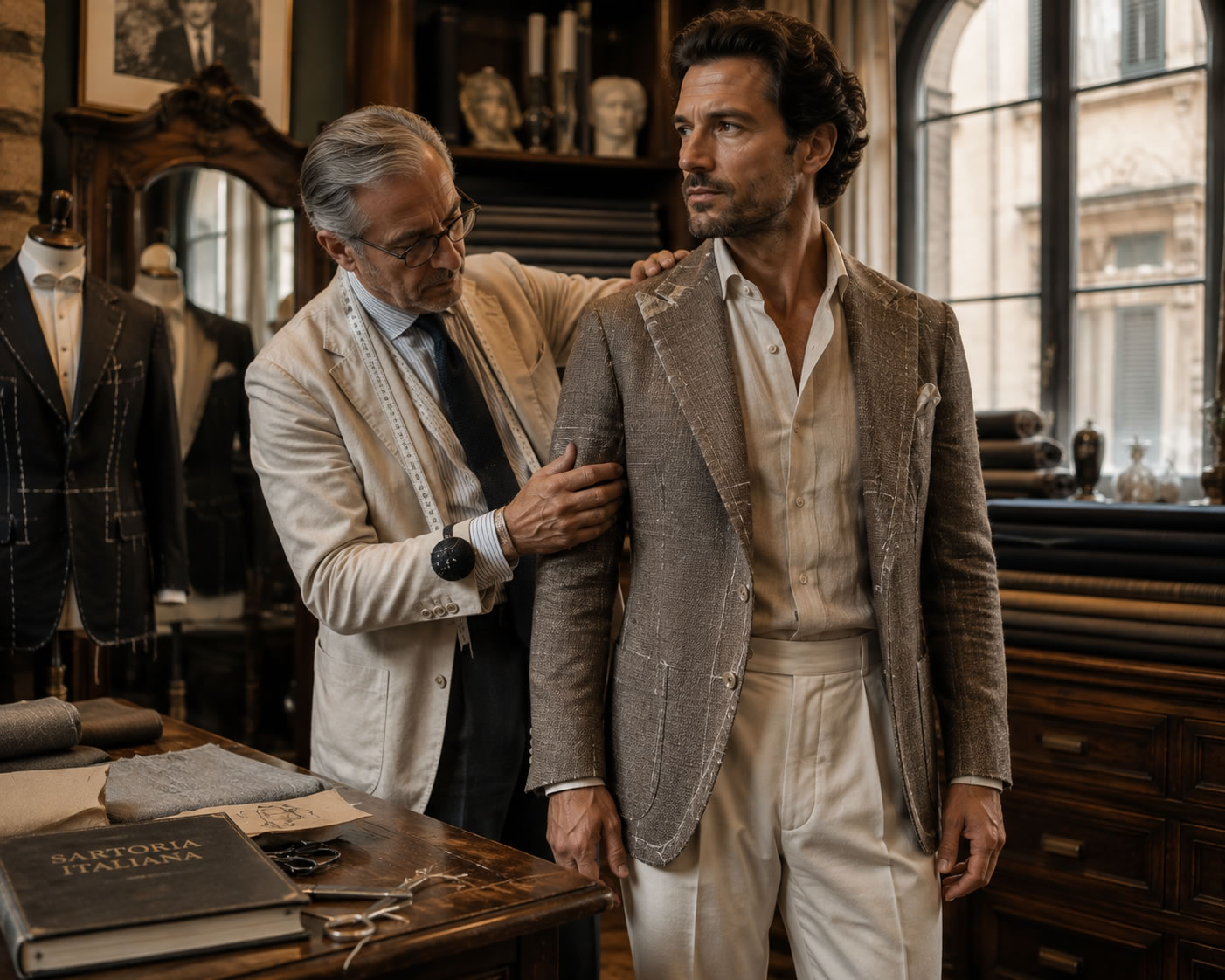 Homme essayant une veste sur mesure dans un atelier de couture italien, pendant qu'un maître tailleur ajuste les épaules de la veste avec précision.
