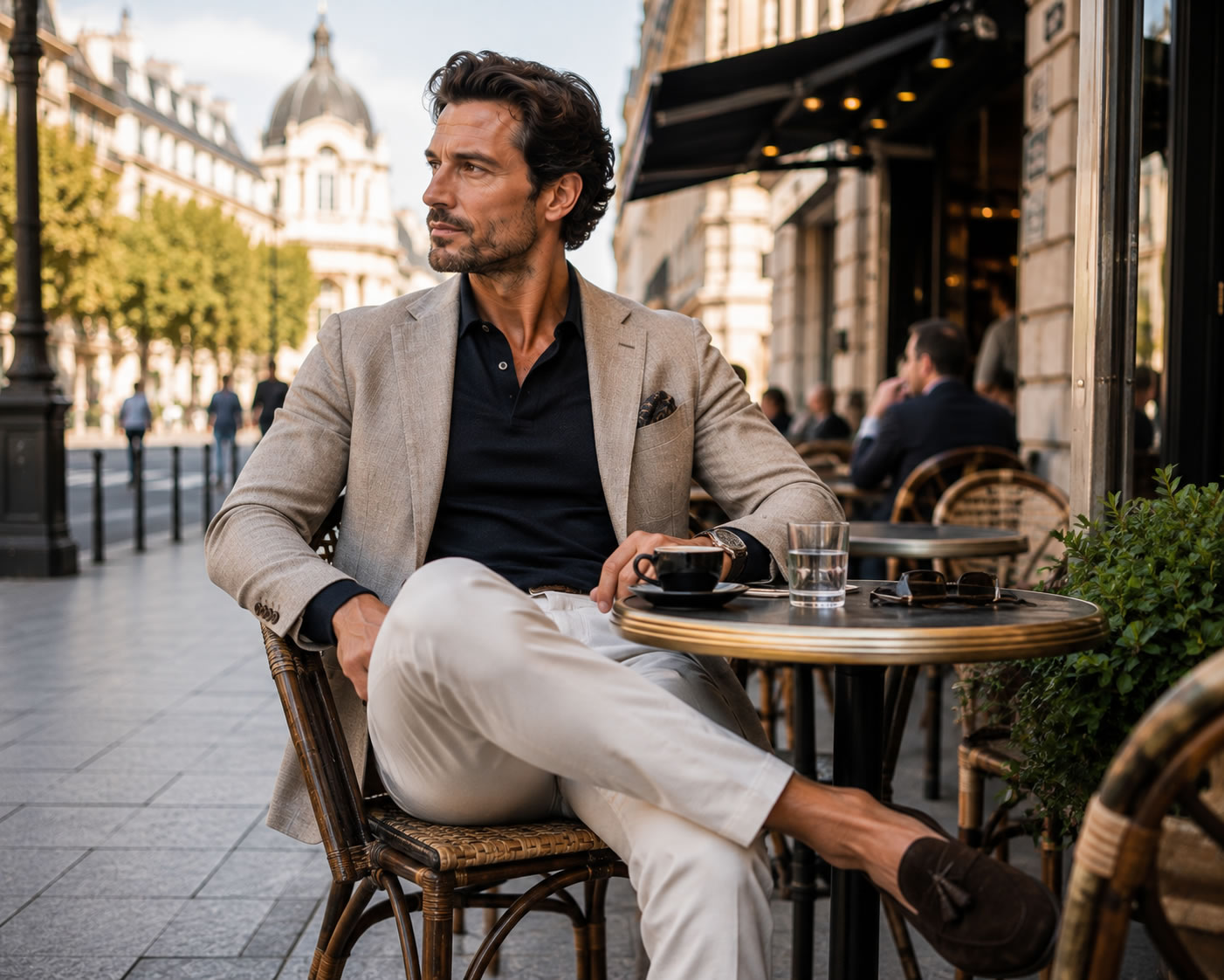 Homme au style smart casual installé en terrasse d'un café chic en centre-ville, portant un blazer beige, un polo en maille bleu marine, un pantalon écru et des mocassins en daim.