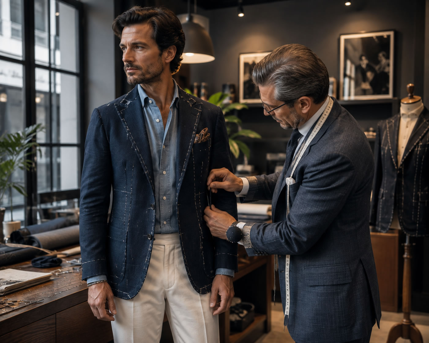 Maître tailleur ajustant une veste bleu marine sur un homme portant une chemise en chambray et un pantalon clair dans un atelier de couture moderne.