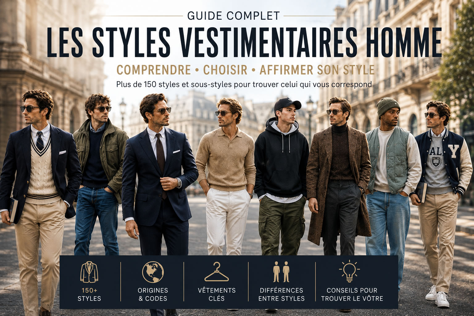 Groupe d’hommes portant différents styles vestimentaires masculins dans une rue élégante, du costume classique au streetwear, illustrant un guide de plus de 150 styles homme.