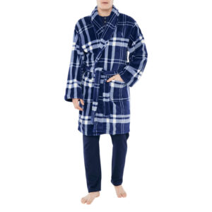 arthur peignoir marine vichy coupe large avec un col cache coeur et des liens plats a la taille