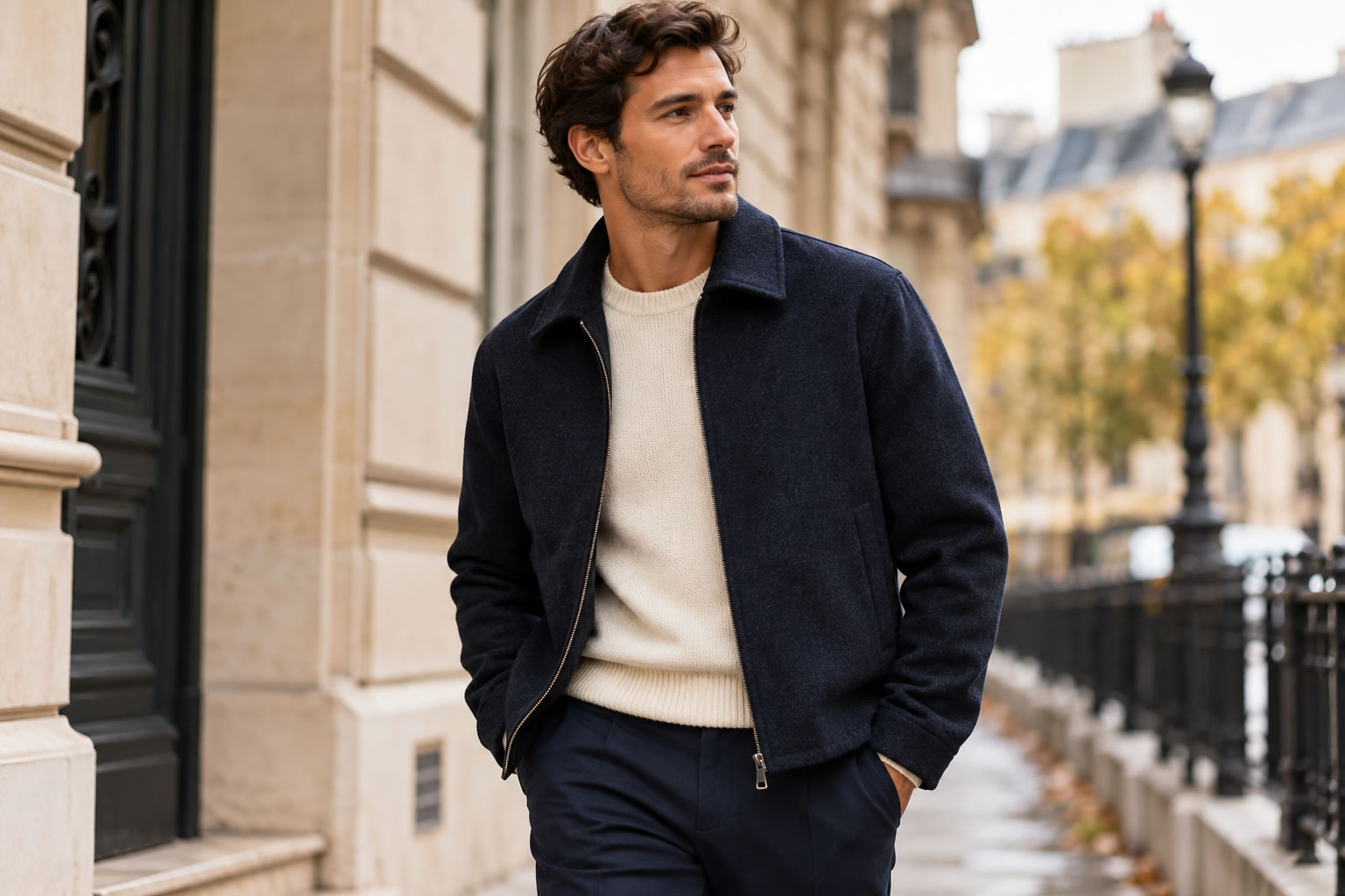 Homme élégant vêtu d'un blouson en laine bleu marine sur un pull beige clair en ville