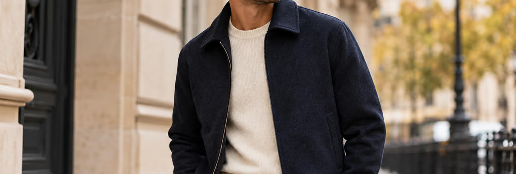 Homme portant un blouson en laine bleu marine avec un pull écru dans une rue parisienne