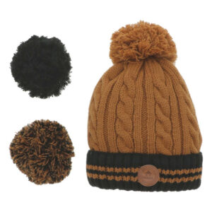 cabaia bonnet bicolore camel et noir a revers noir lisere camel avec 3 pompons