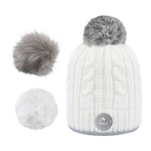cabaia bonnet blanc en maille torsadee milky avec pompons interchangeables