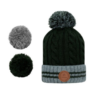 cabaia bonnet kaki uni avec revers gris a lisere vert et pompons interchangeables