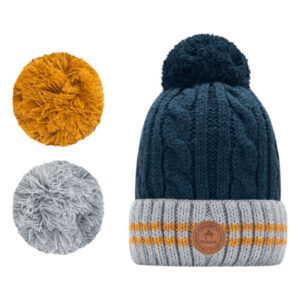 cabaia bonnet marine a revers gris et jaune et a pompons interchangeables