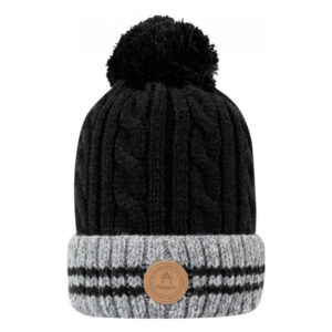 cabaia bonnet noir a revers gris avec bandes et pompons interchangeables