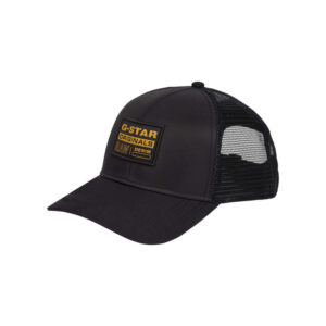 g star raw casquette noire unie en bi matiere avec un patch cousu et un logo dore