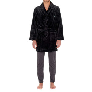 hom peignoir nice noir a col chale avec logo brode sur le cote gauche de la poitrine coupe courte